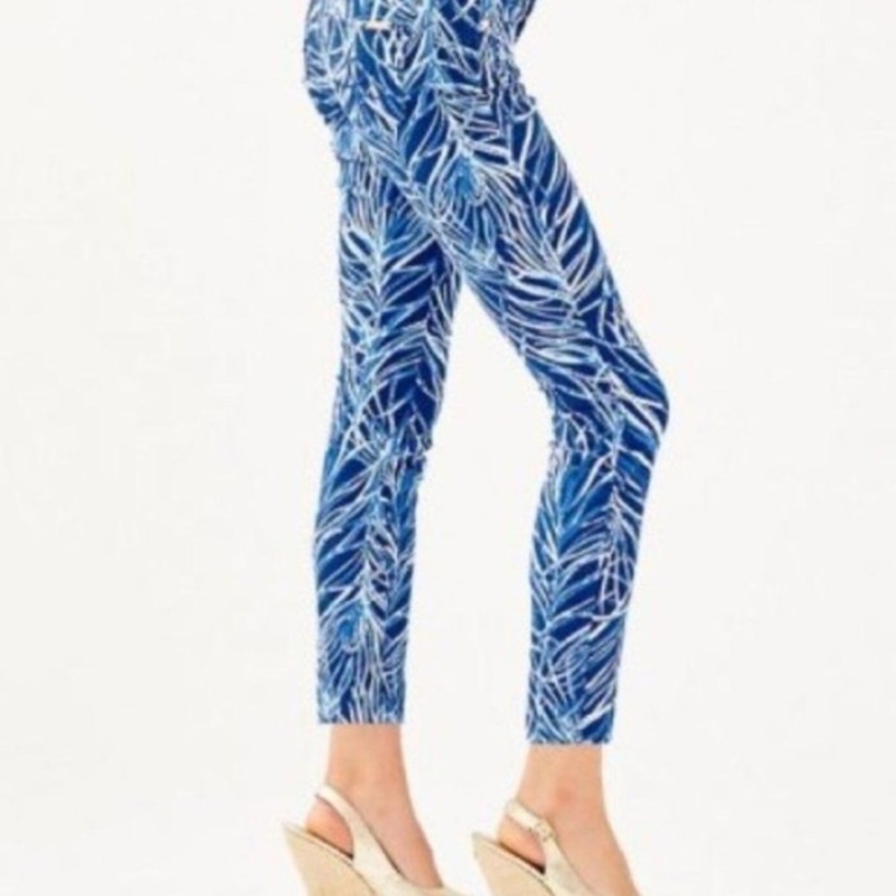 Lilly Pulitzer Skinny Crop Pants Women 00 Low Rise Blue Palm Leaf Tropical Ocean